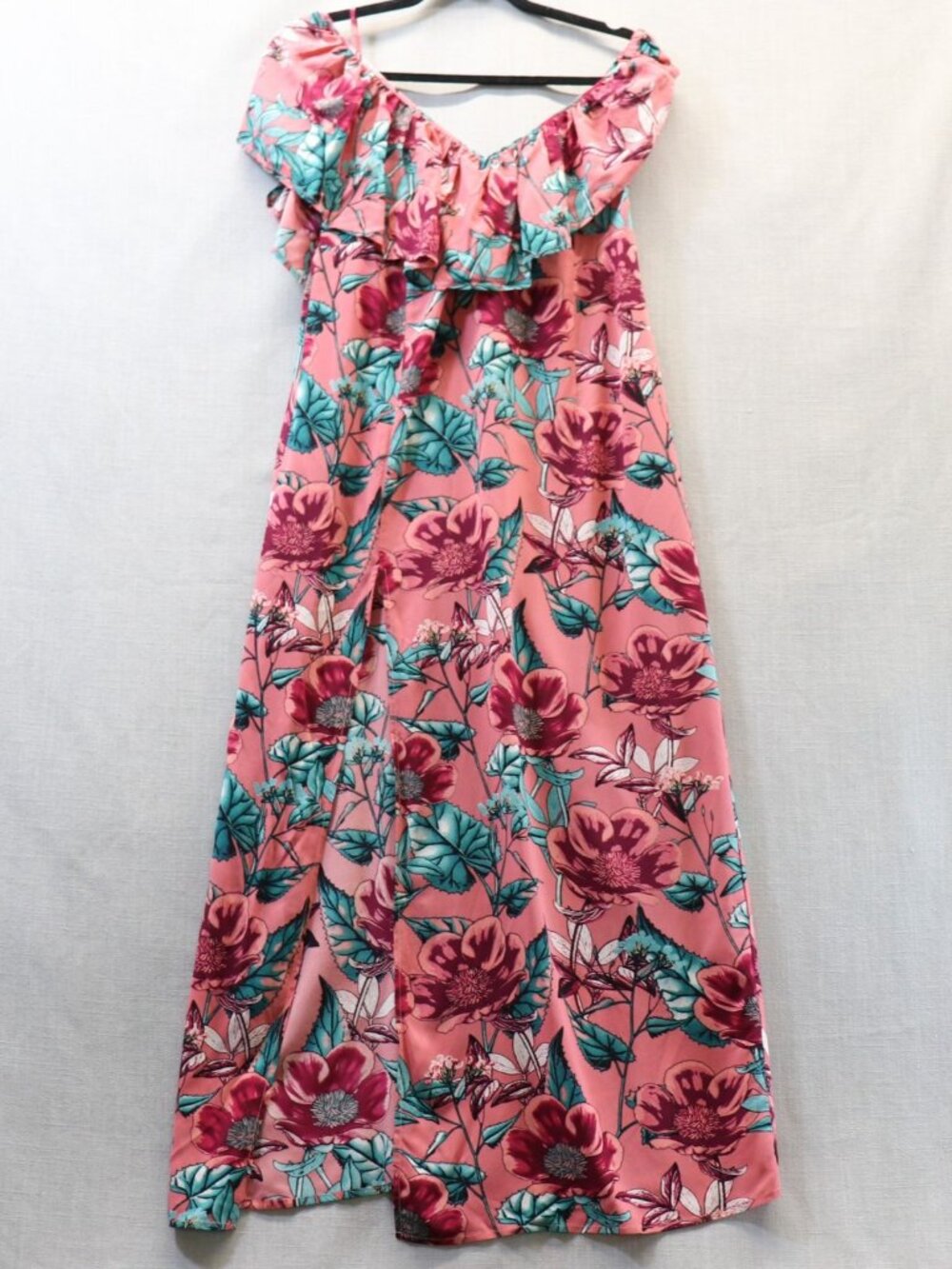 For Love & Lemons Flamenco Midi Dress L Pink Floral Silk Blend High Slit Ruffle - Picture 11 of 12